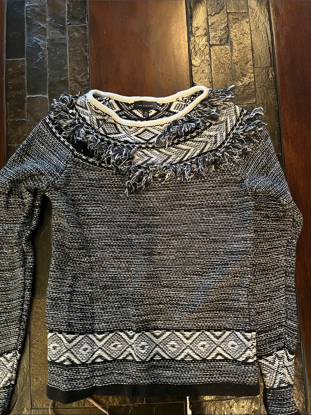 The Limited Black & White Fringe-Trim Knit Sweater